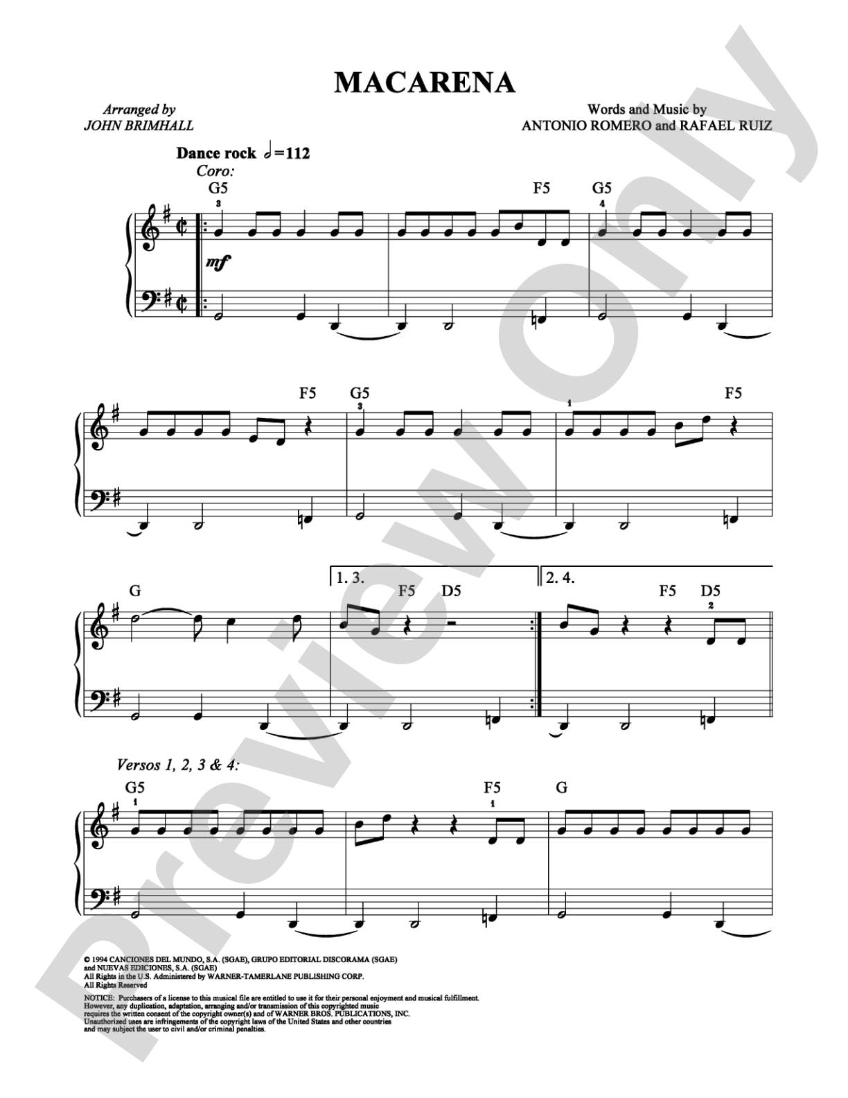 Macarena: Easy Piano Digital Sheet Music