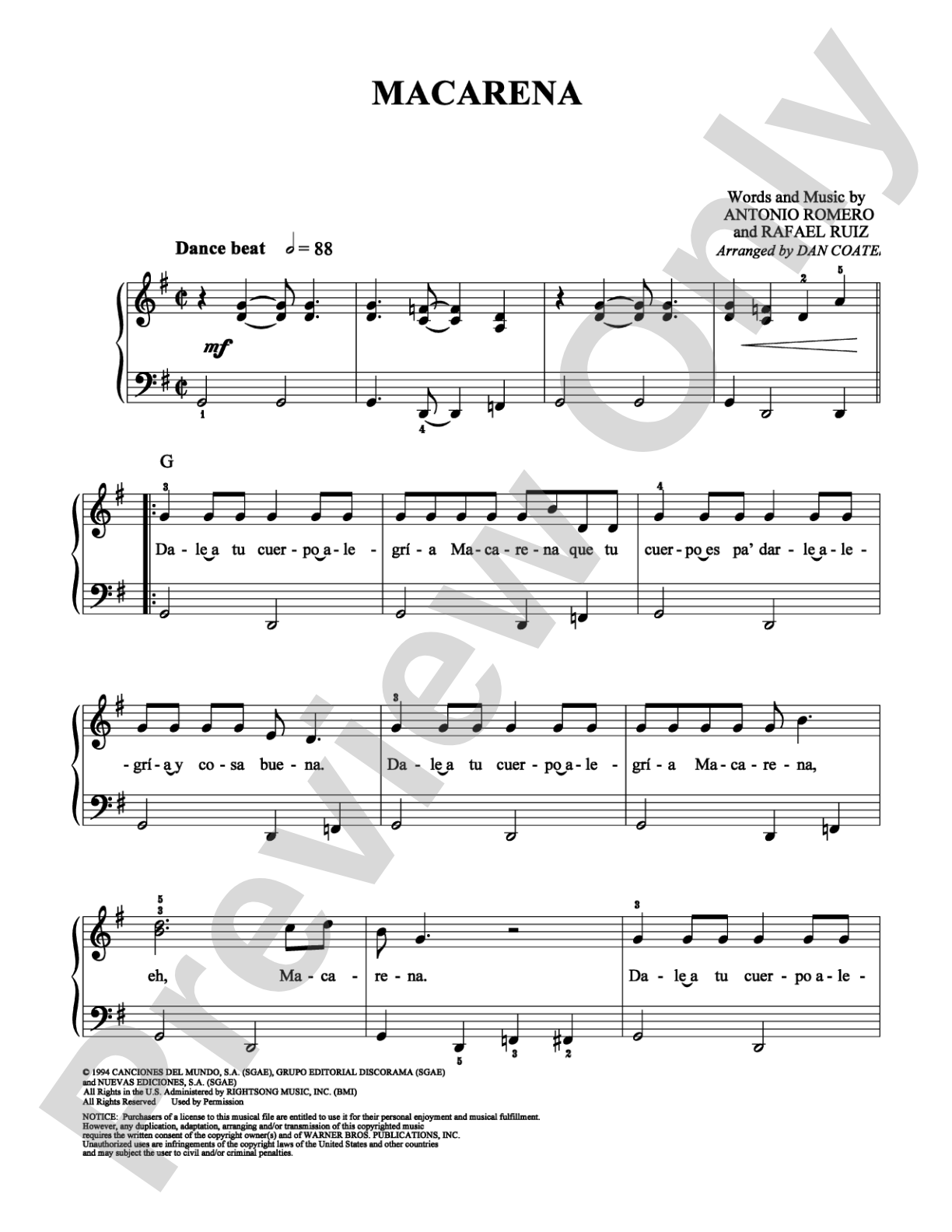 Macarena: Easy Piano Digital Sheet Music