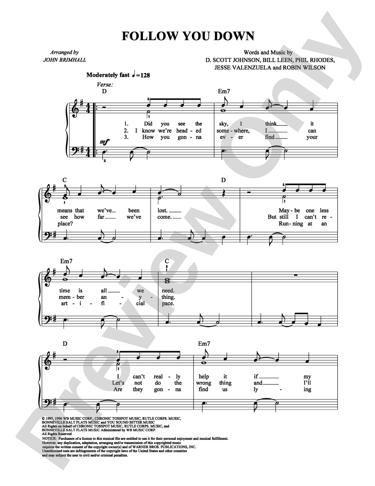 Follow You Down: Easy Piano Digital Sheet Music