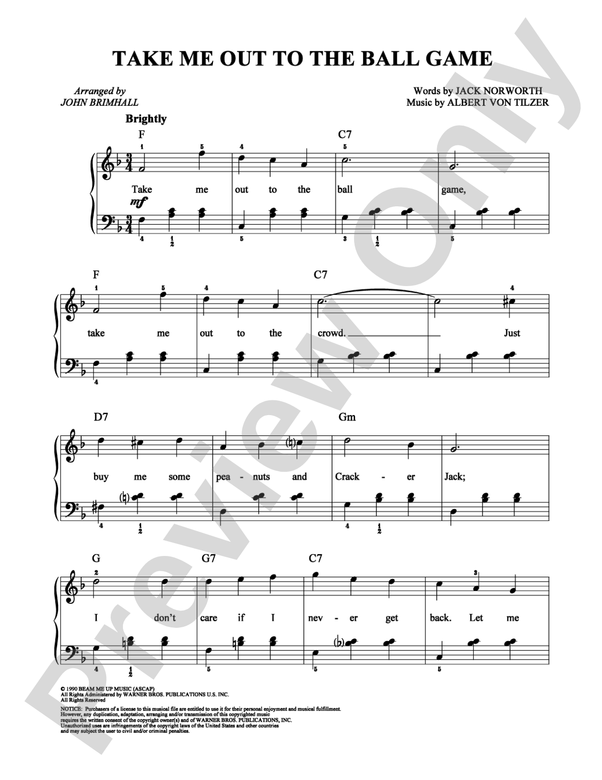 Take Me Out To The Ball Game: Easy Piano Digital Sheet Music