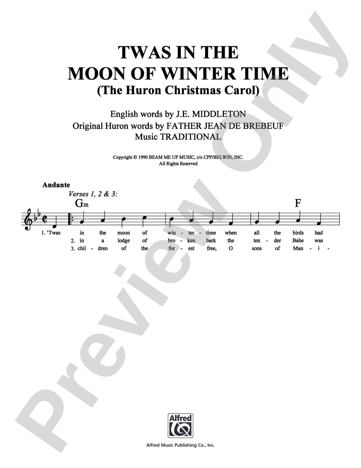 Twas in the Moon of Winter Time (The Huron Christmas Carol): Lead Sheet Digital Sheet Music