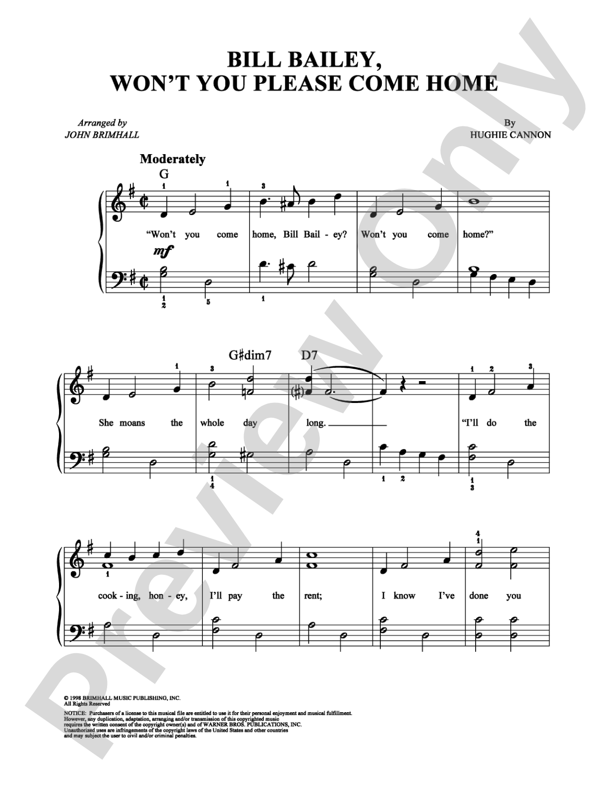 Bill Bailey, Won't You Please Come Home?: Easy Piano Digital Sheet Music