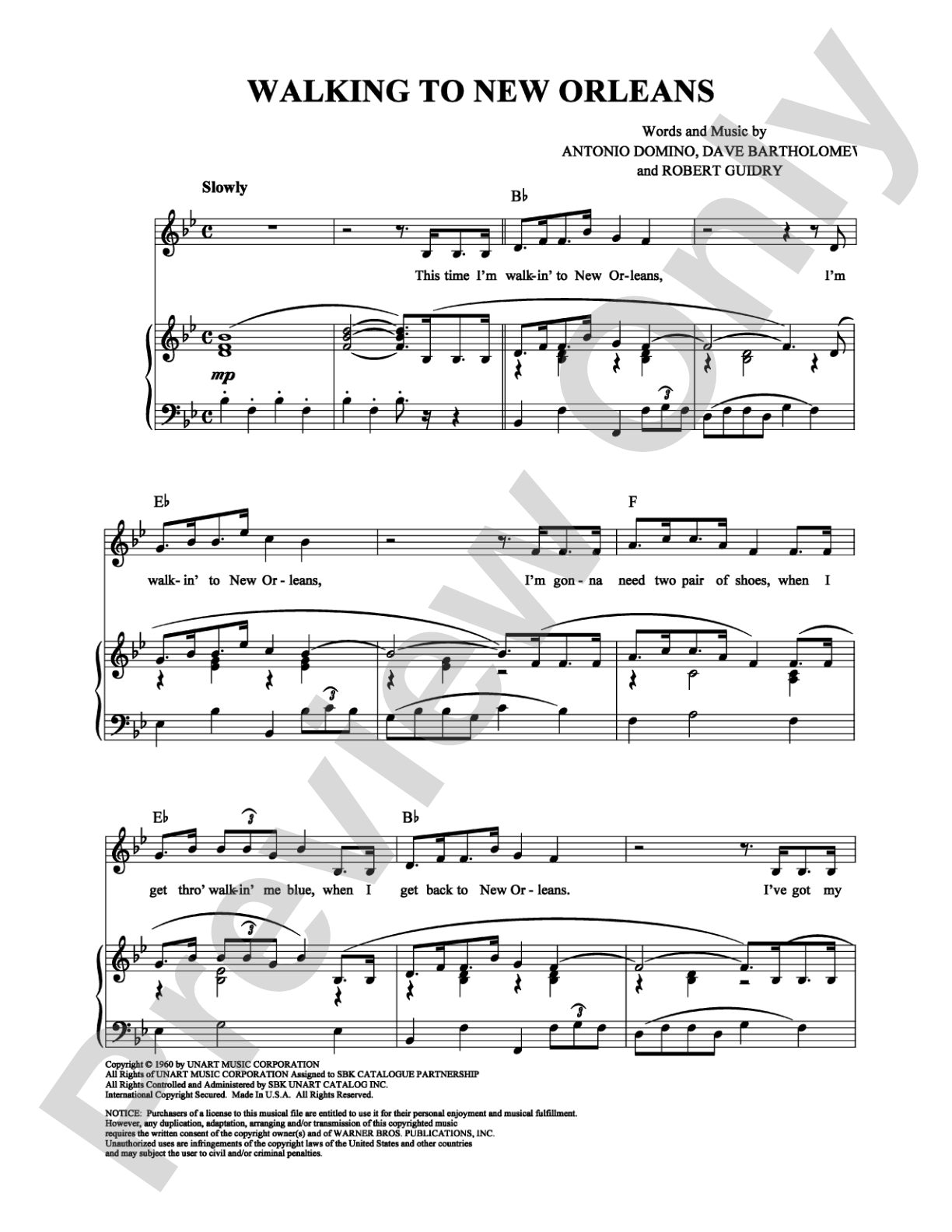 Walking to New Orleans: Piano/Vocal/Chords Digital Sheet Music