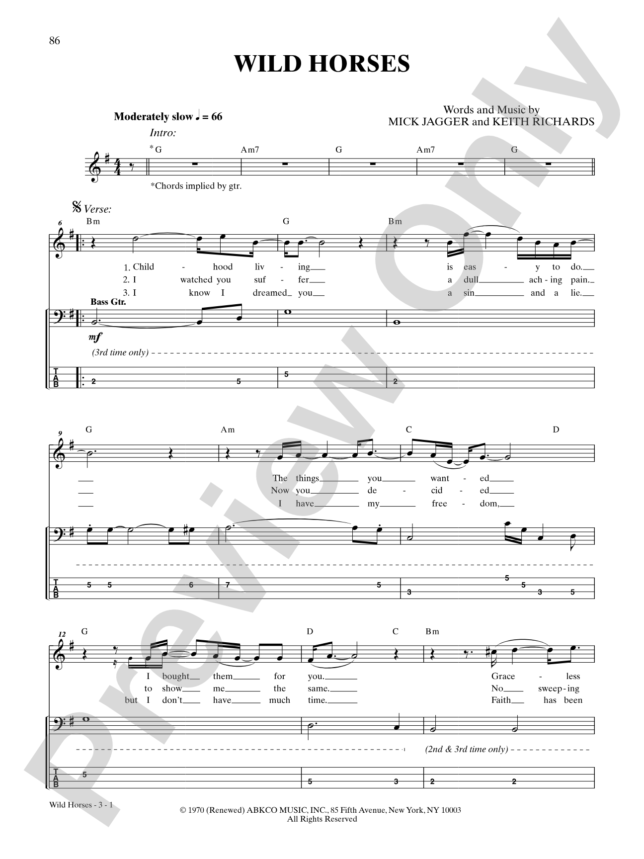 Wild Horses: Bass TAB