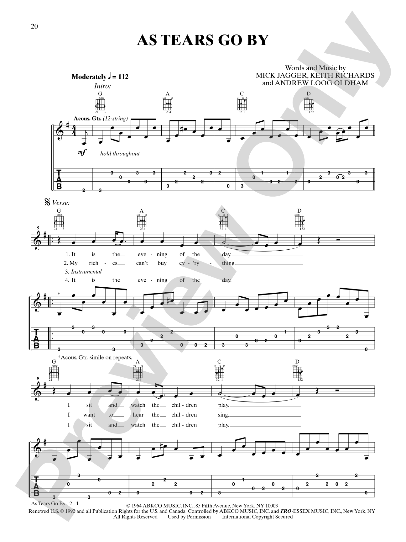 As Tears Go By: Authentic Guitar TAB