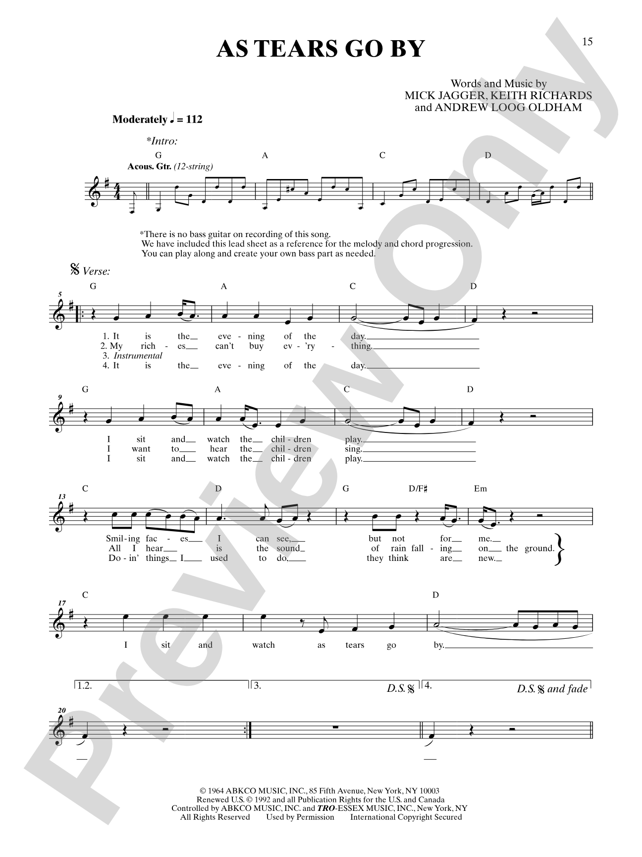 As Tears Go By: Bass TAB