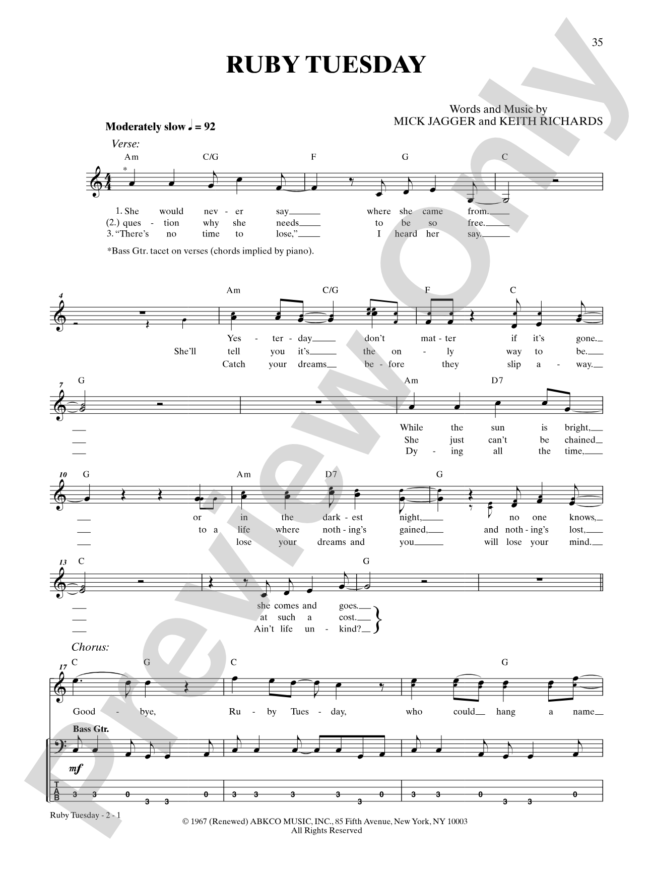 Ruby Tuesday: Bass TAB