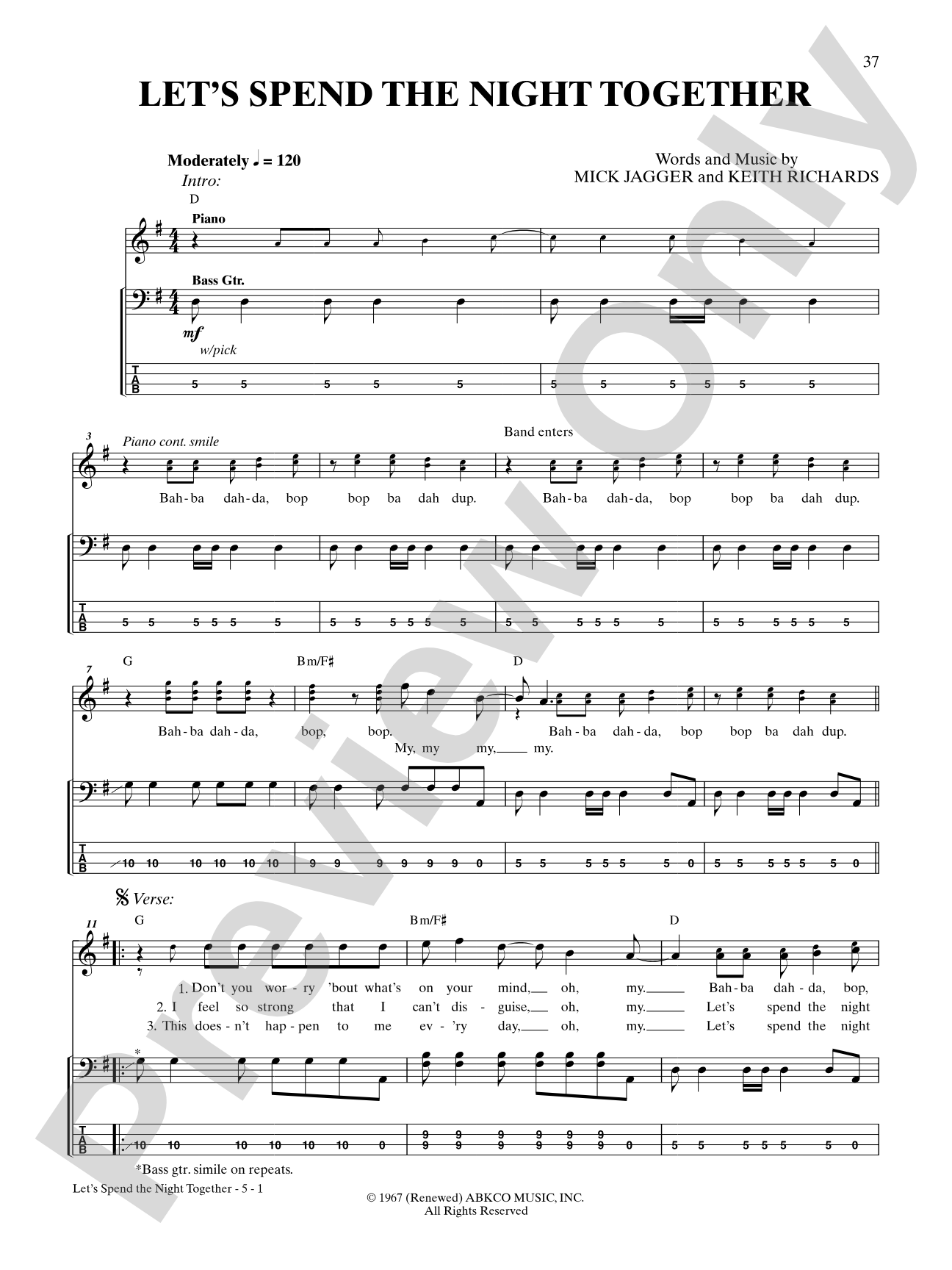 Let's Spend the Night Together: Bass TAB