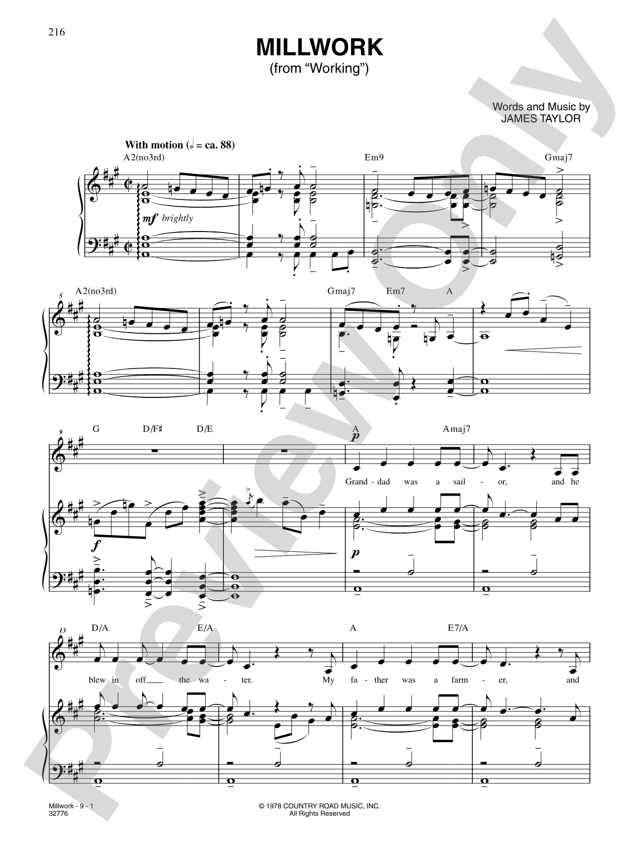 Millwork (From "Working"): Piano/Vocal/Chords