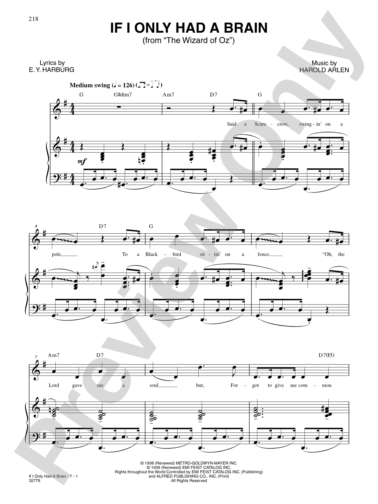 If I Only Had a Brain (From "the Wizard of Oz"): Piano/Vocal/Chords