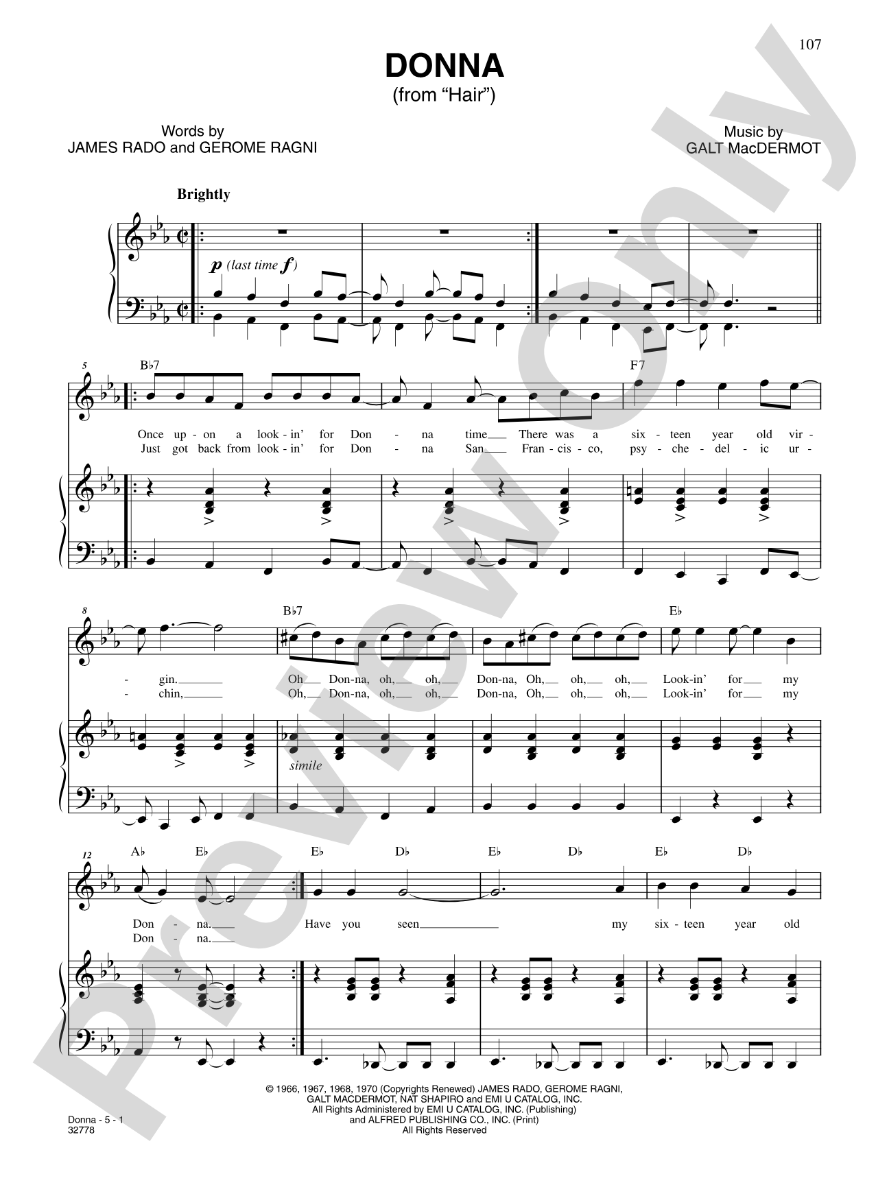Donna (From "Hair"): Piano/Vocal/Chords