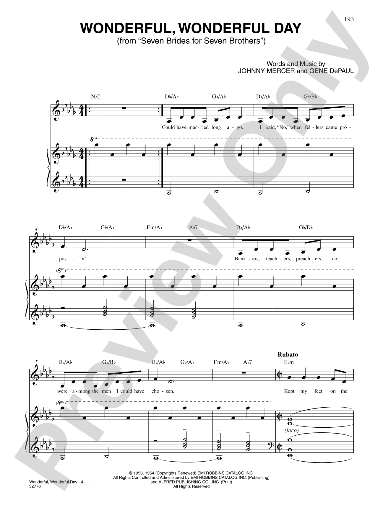 Wonderful, Wonderful Day (From "Seven Brides for Seven Brothers"): Piano/Vocal/Chords