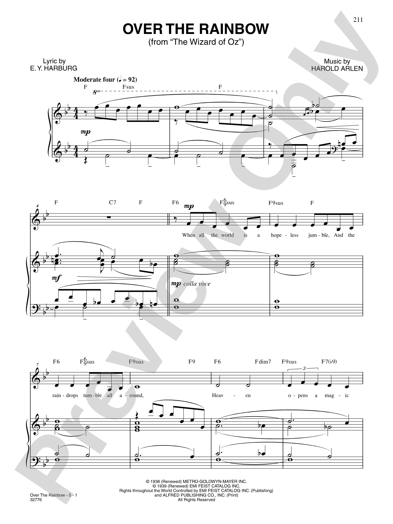 Over the Rainbow (From "the Wizard of Oz"): Piano/Vocal/Chords