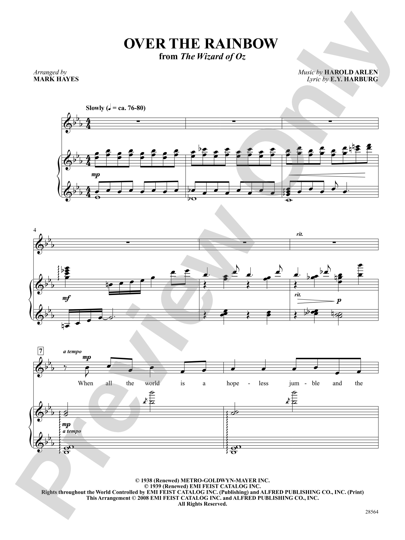 Over the Rainbow (From "the Wizard of Oz"): Piano/Vocal/Chords