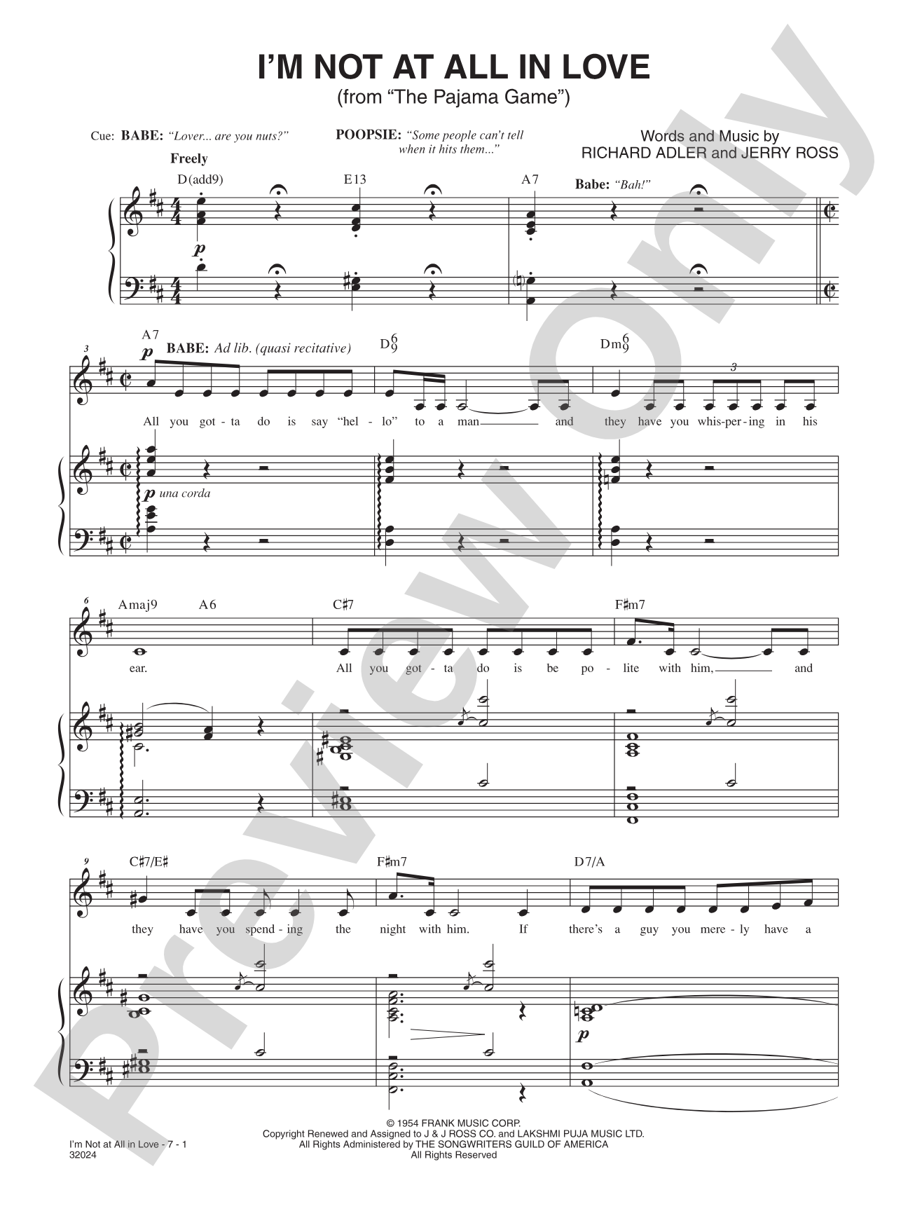 I'm Not at All in Love (From "the Pajama Game"): Piano/Vocal/Chords