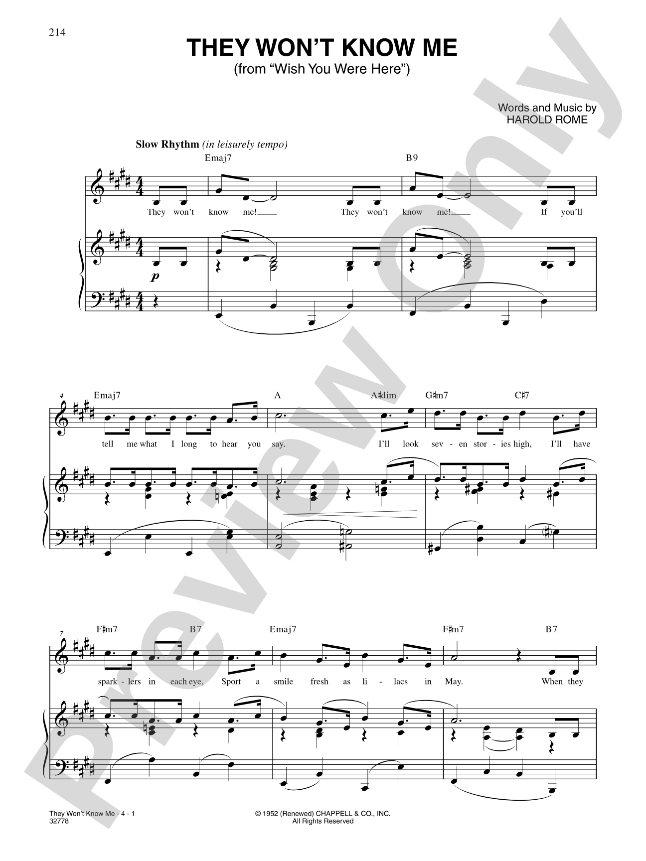 They Won't Know Me (From "Wish You Were Here"): Piano/Vocal/Chords
