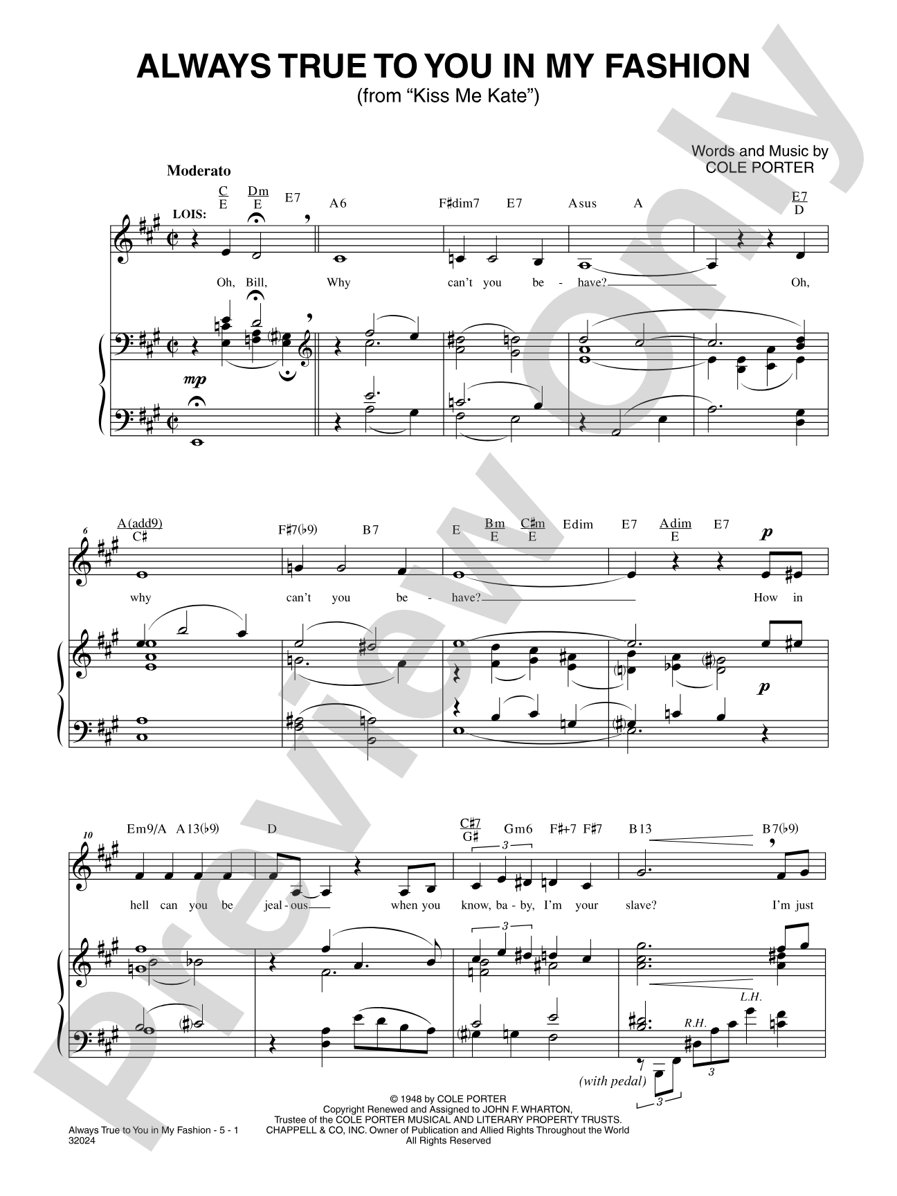 Always True to You in My Fashion (From "Kiss Me Kate"): Piano/Vocal/Chords