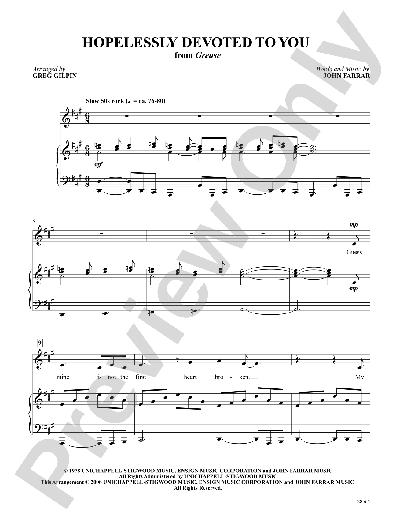 Hopelessly Devoted to You (From "Grease"): Piano/Vocal/Chords