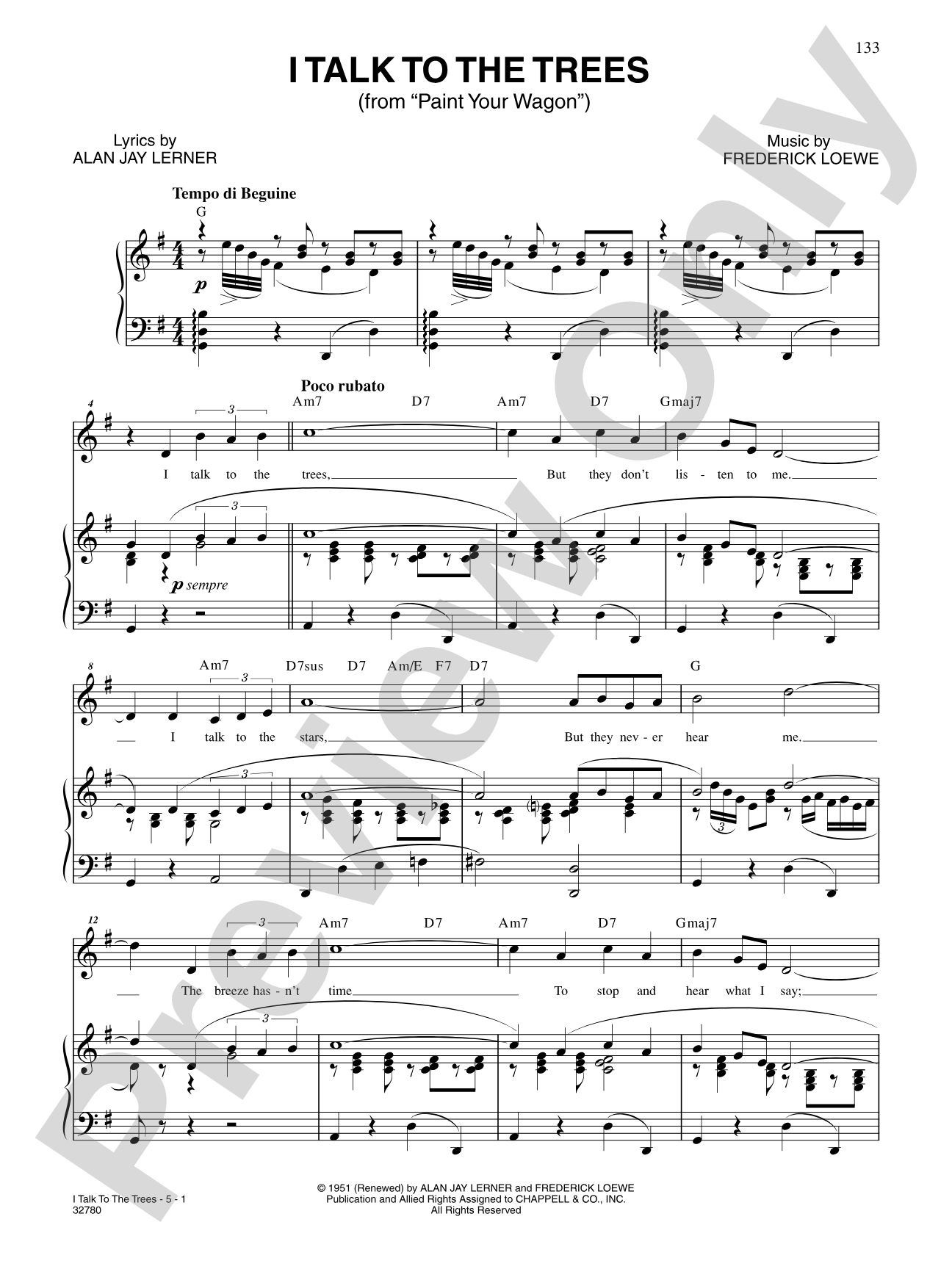 I Talk to the Trees (From "Paint Your Wagon"): Piano/Vocal/Chords