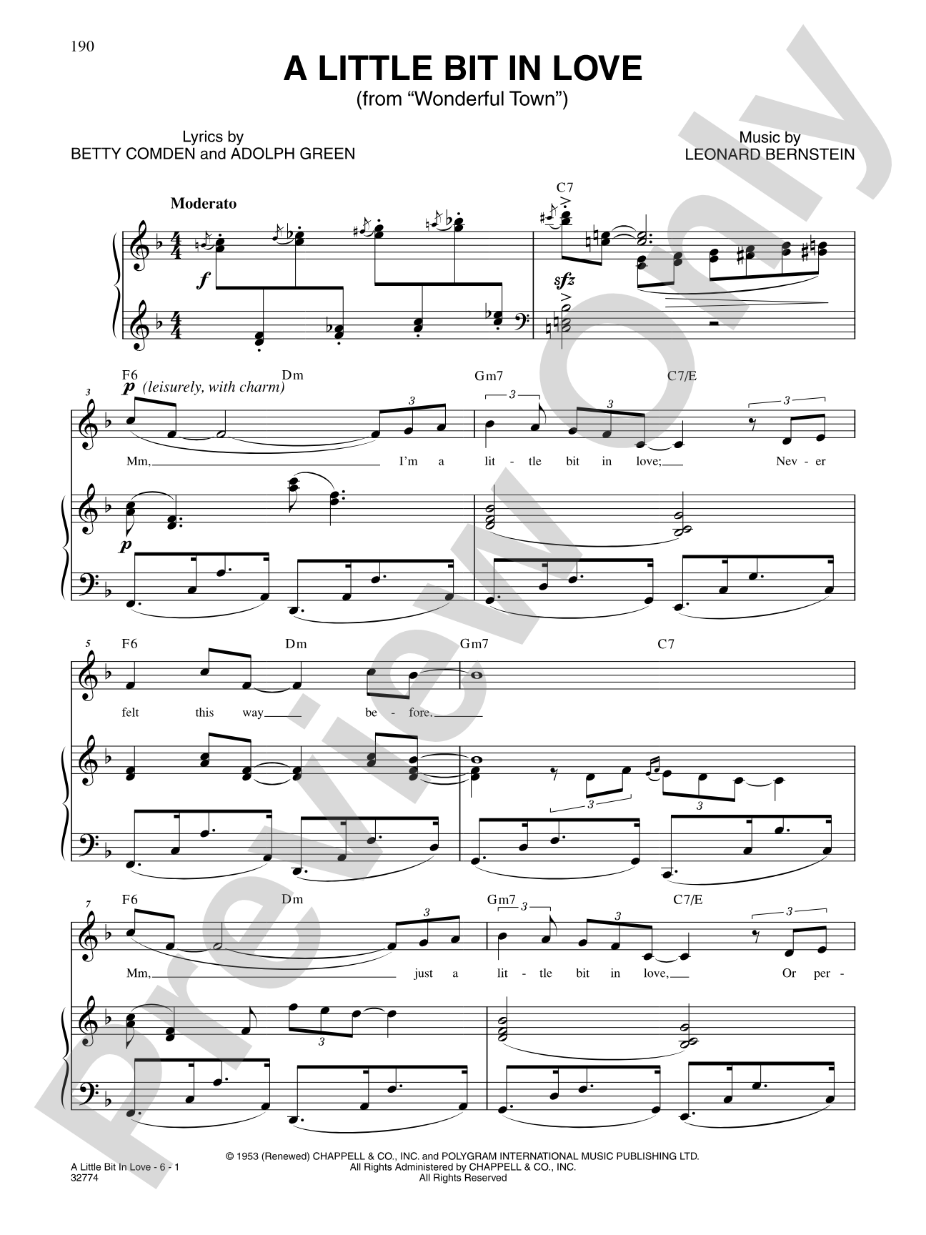 A Little Bit in Love (From "Wonderful Town"): Piano/Vocal/Chords