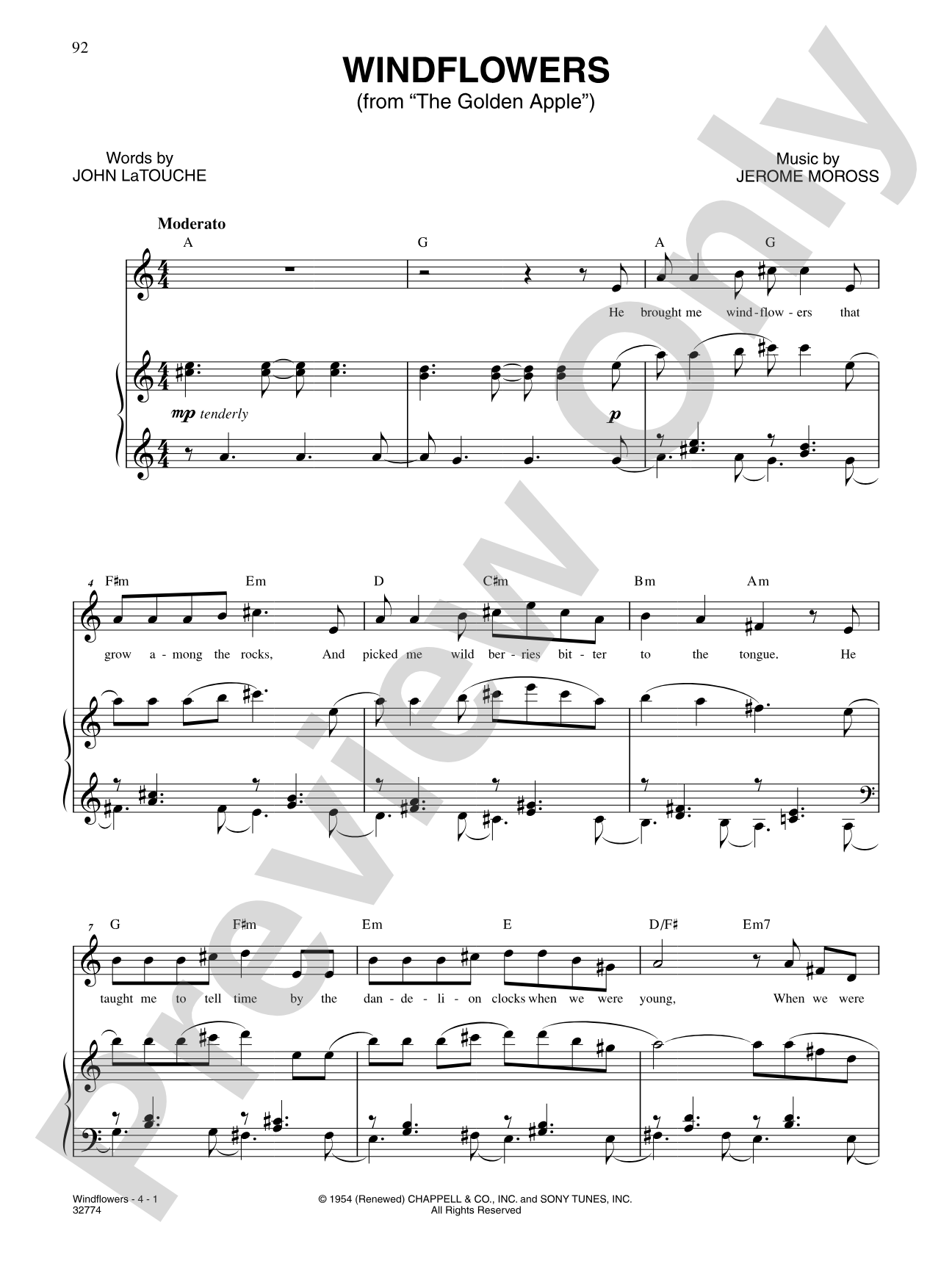 Windflowers (From "the Golden Apple"): Piano/Vocal/Chords