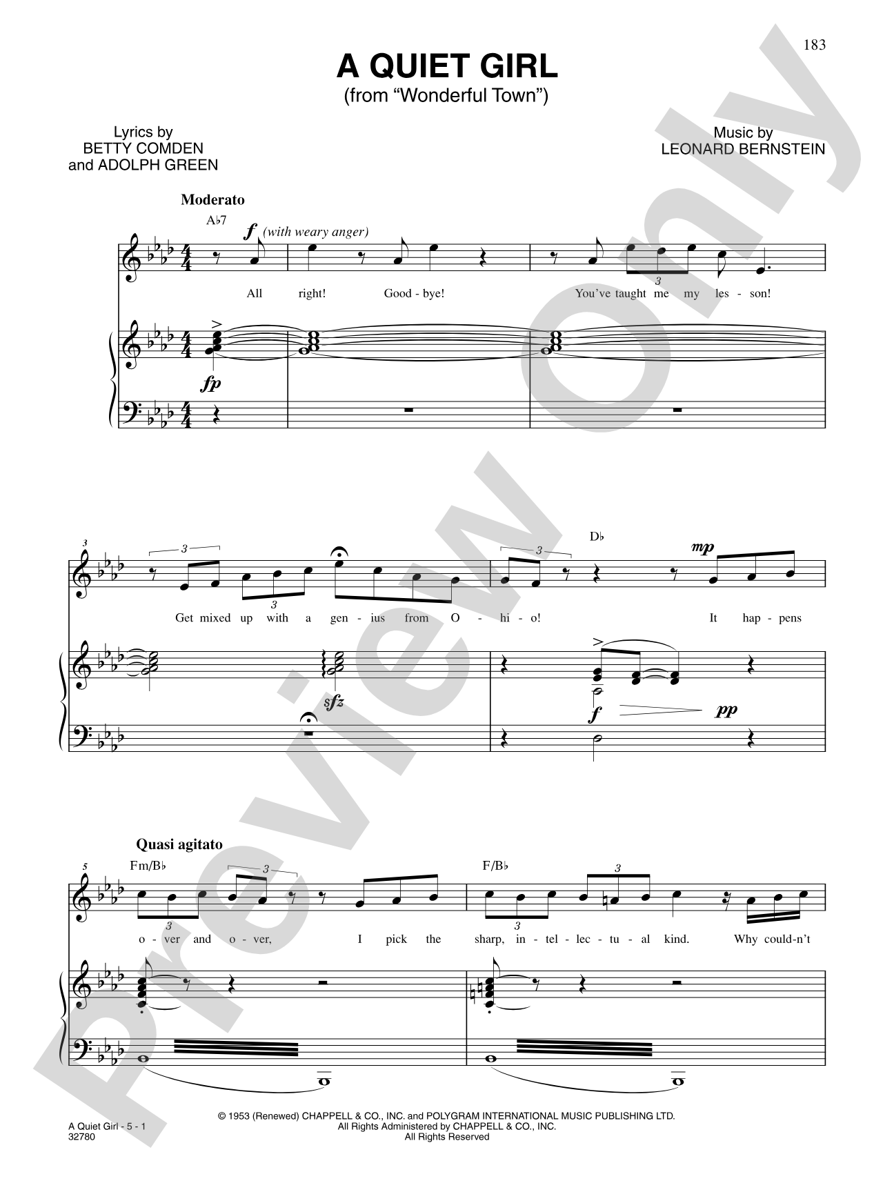 A Quiet Girl (From "A Wonderful Town"): Piano/Vocal/Chords