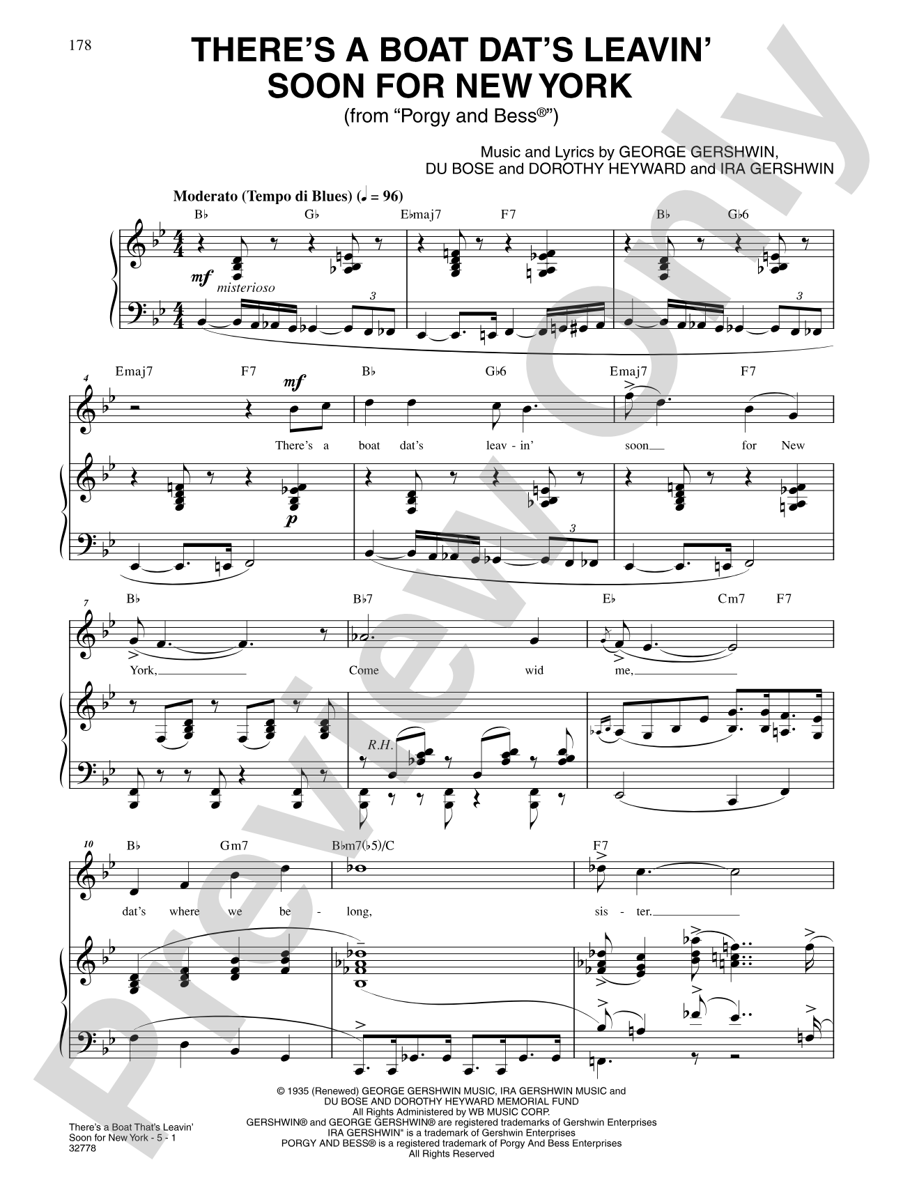 There's a Boat Dats Leavin' Soon for New York (From "Porgy and Bess"): Piano/Vocal/Chords