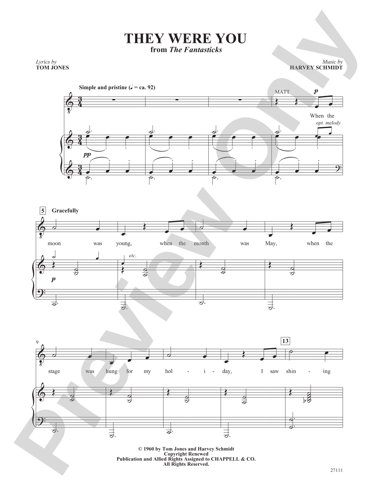 They Were You (From "the Fantasticks"): Piano/Vocal/Chords