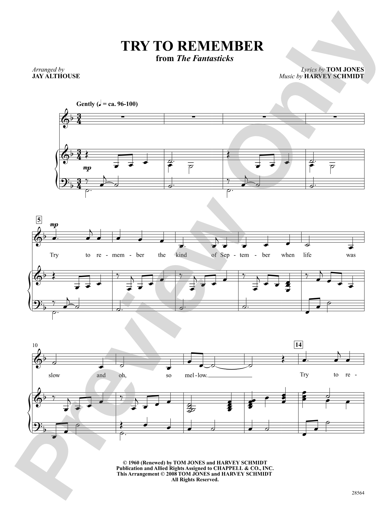 Try to Remember (From "the Fantasticks"): Piano/Vocal/Chords