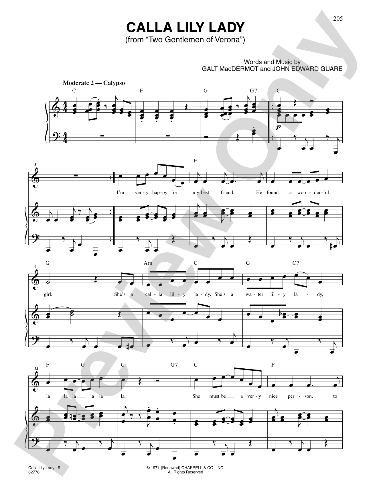 Calla Lily Lady (From "Two Gentlemen of Verona"): Piano/Vocal/Chords