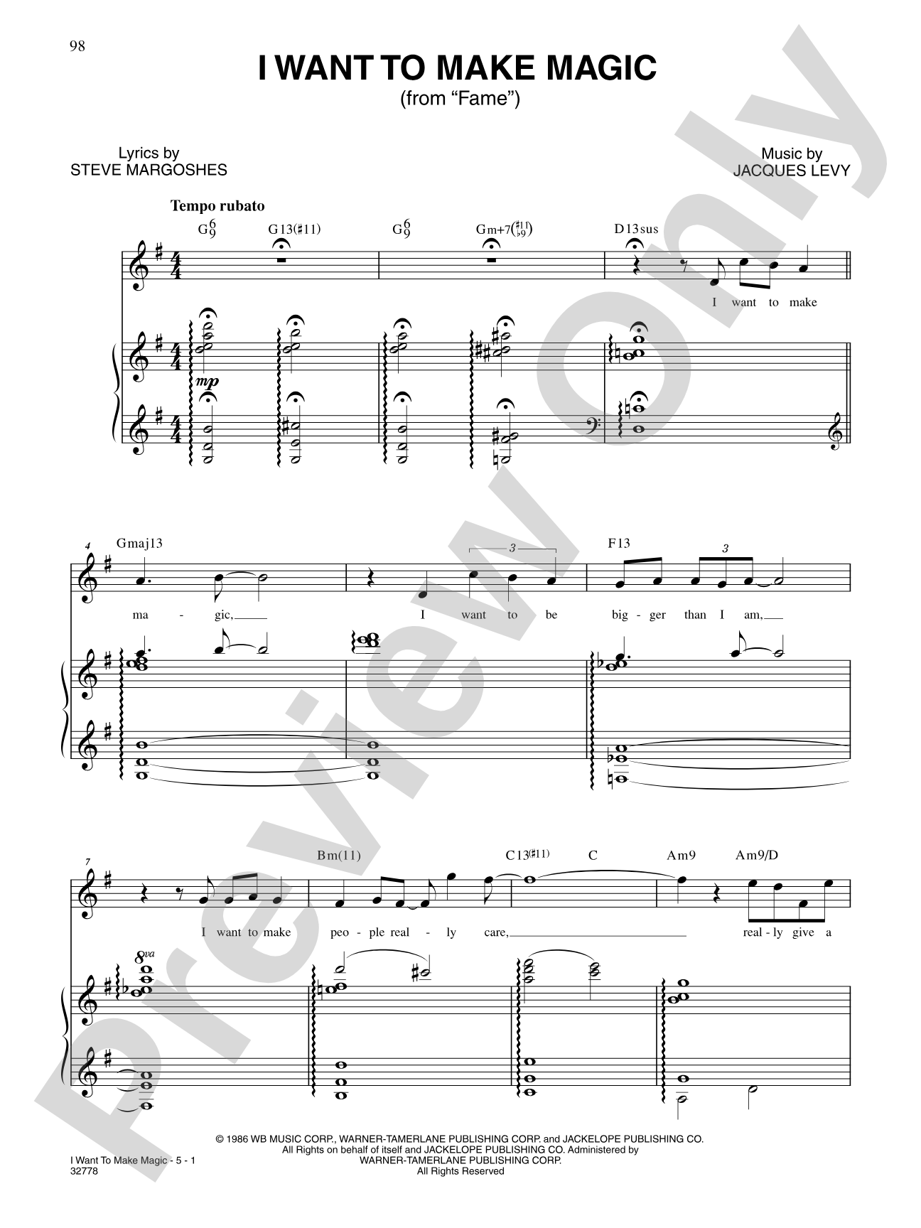 I Want to Make Magic (From "Fame-the Musical"): Piano/Vocal/Chords