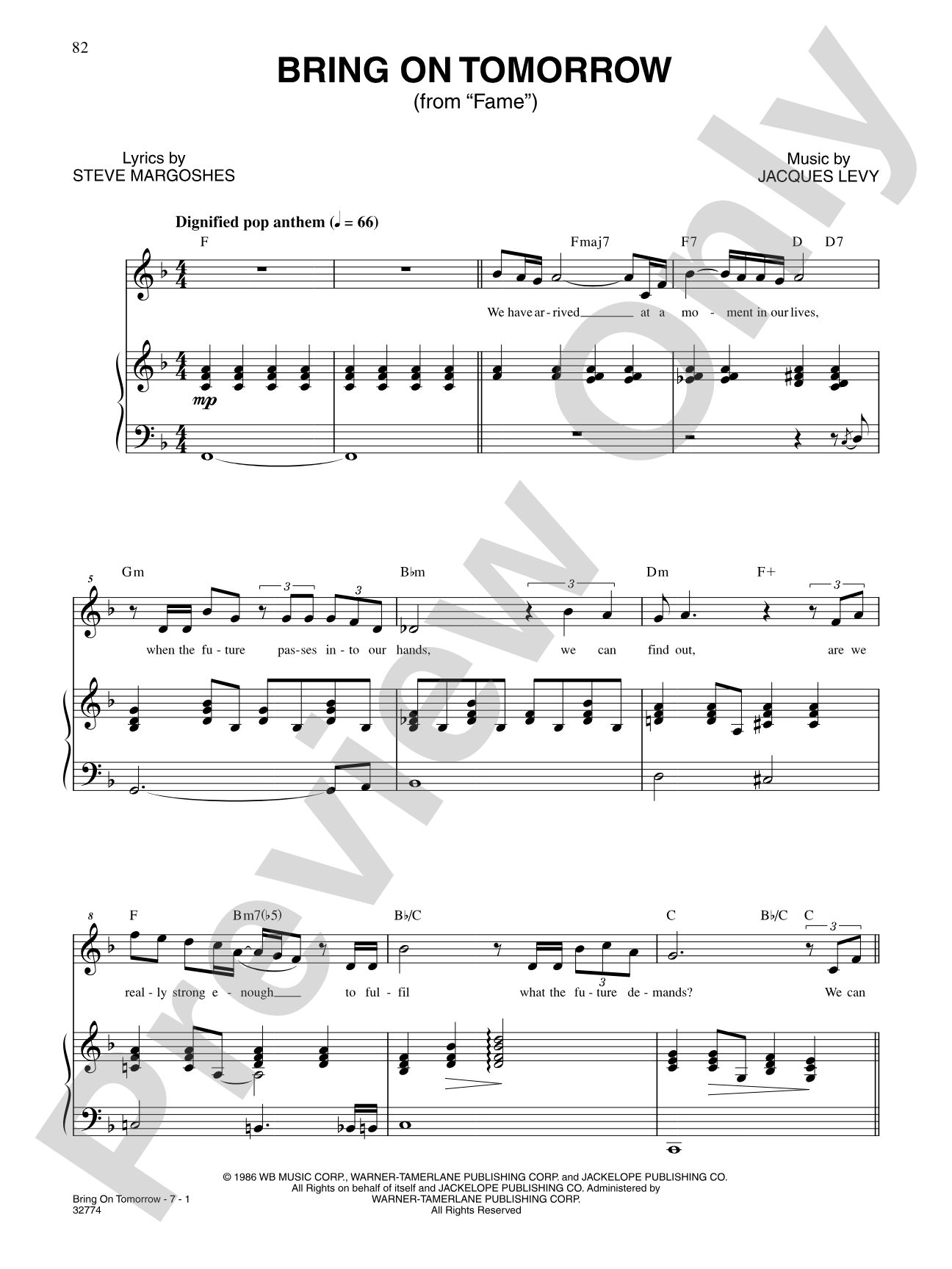 Bring on Tomorrow (From "Fame-the Musical"): Piano/Vocal/Chords