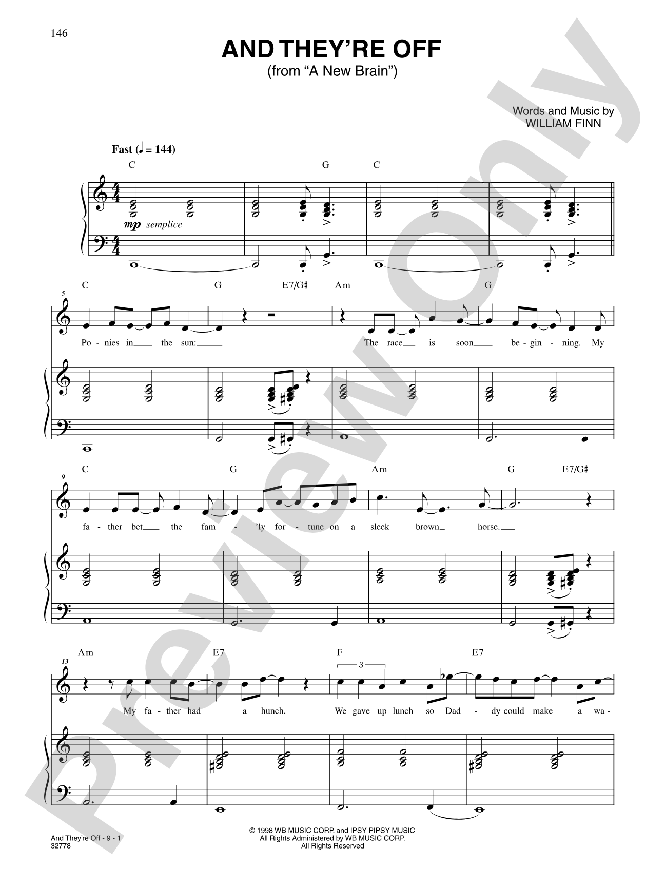 And They're Off (From "A New Brain"): Piano/Vocal/Chords