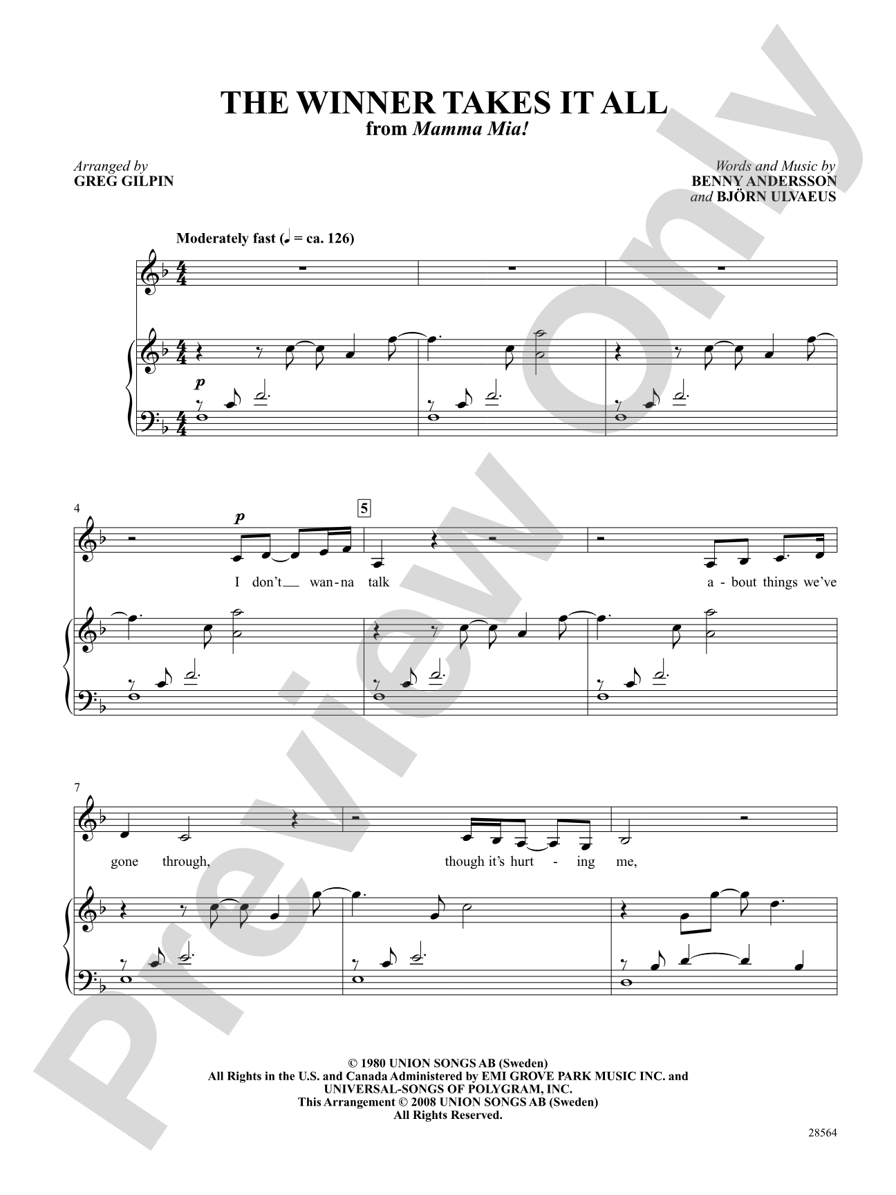 The Winner Takes It All (From "Mamma Mia!"): Piano/Vocal/Chords