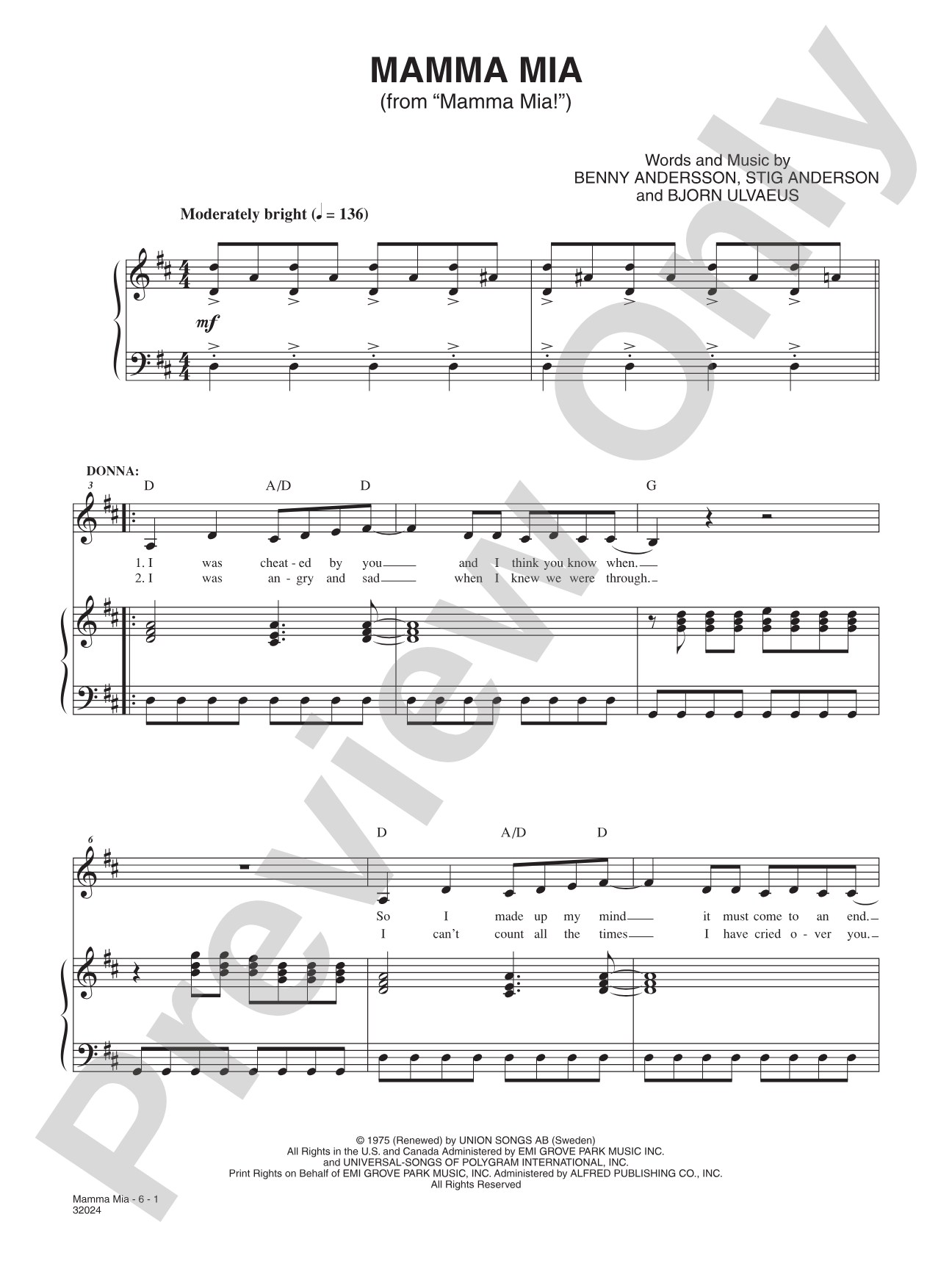 Mamma Mia (From "Mamma Mia!"): Piano/Vocal/Chords