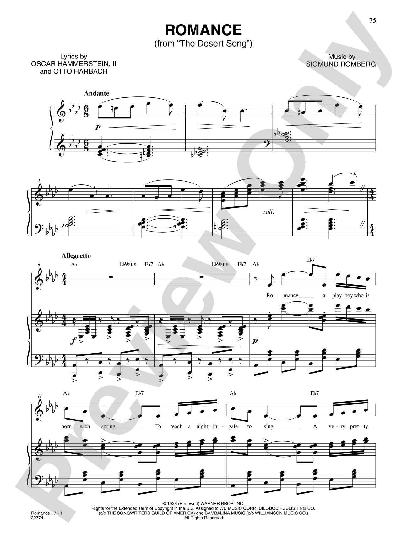 Romance (From "the Desert Song"): Piano/Vocal/Chords