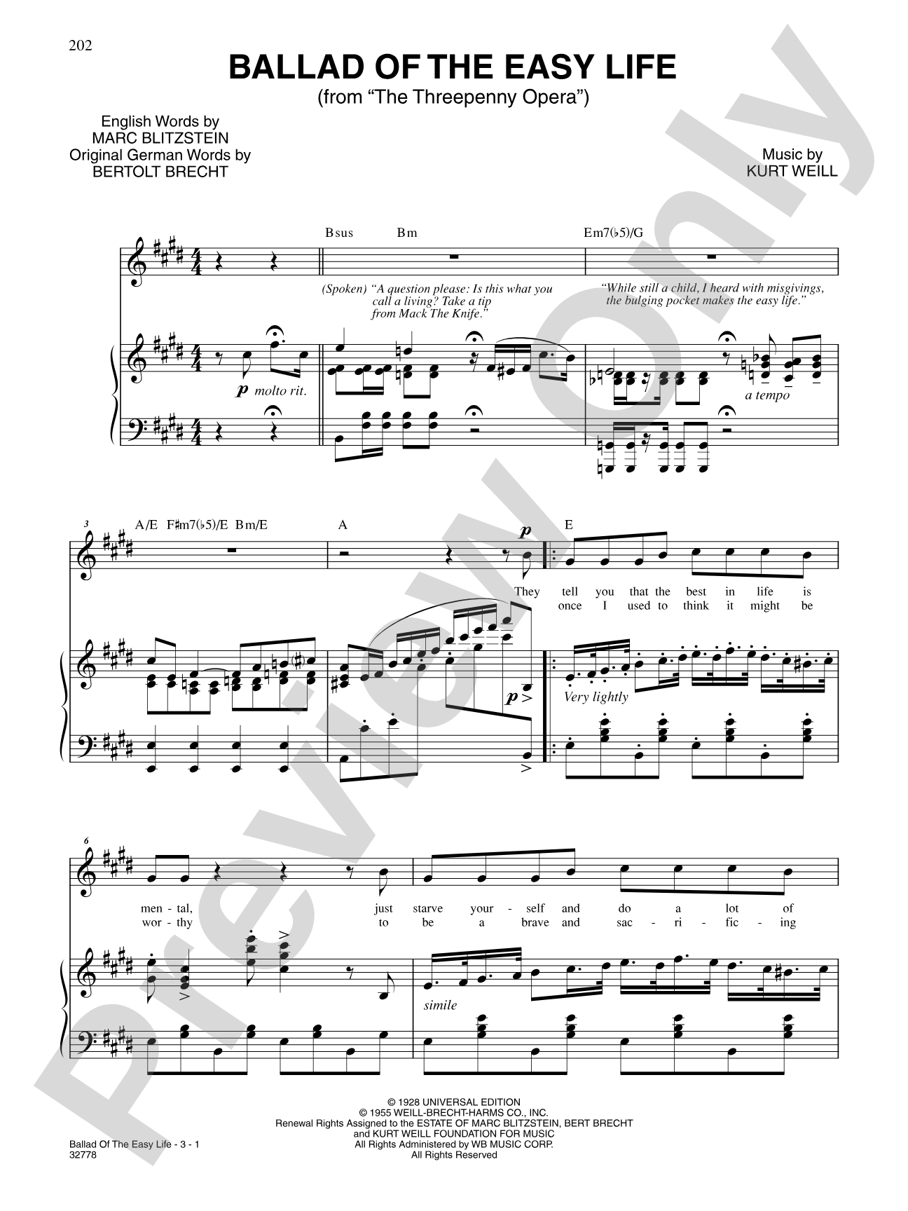 Ballad of the Easy Life (From "The Threepenny Opera"): Piano/Vocal/Chords