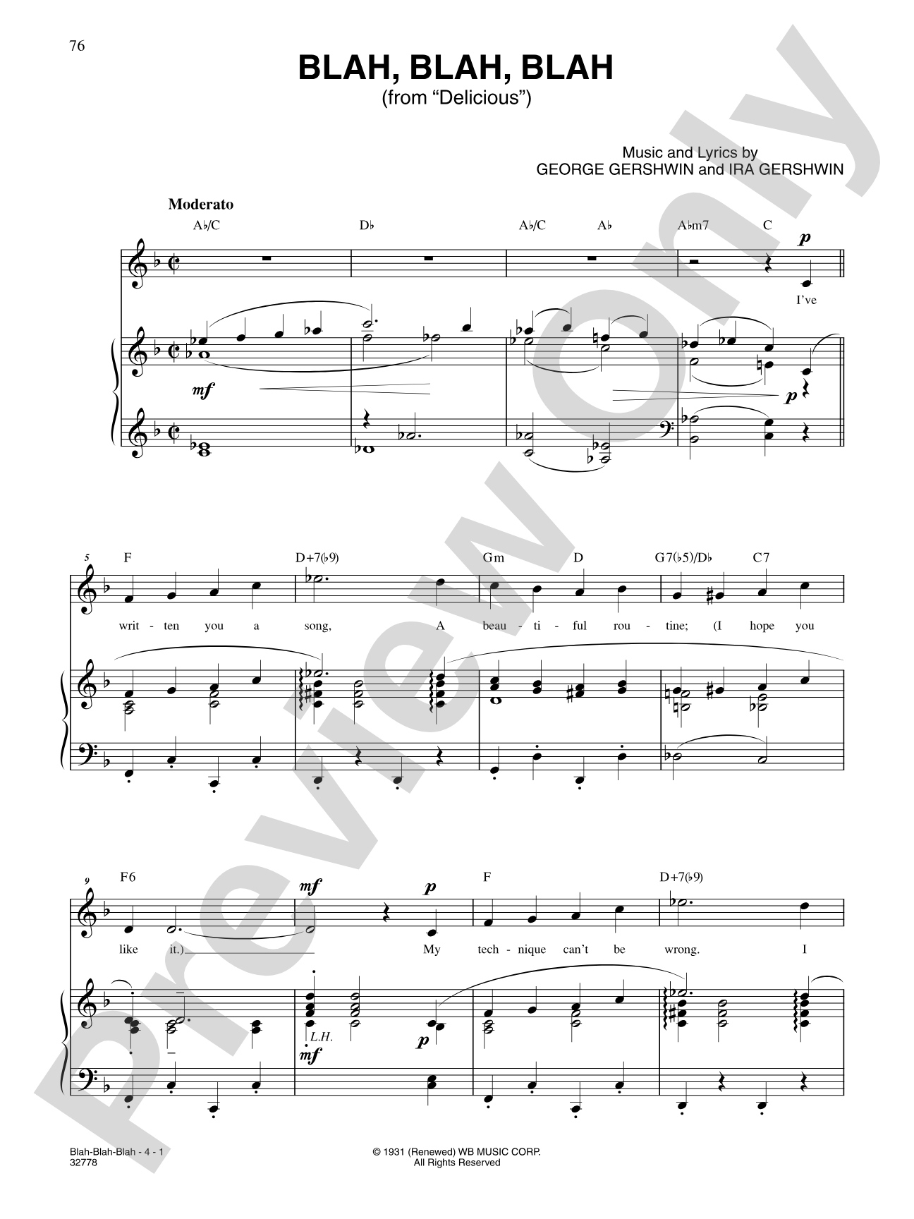 Blah, Blah, Blah (From "Delicious"): Piano/Vocal/Chords