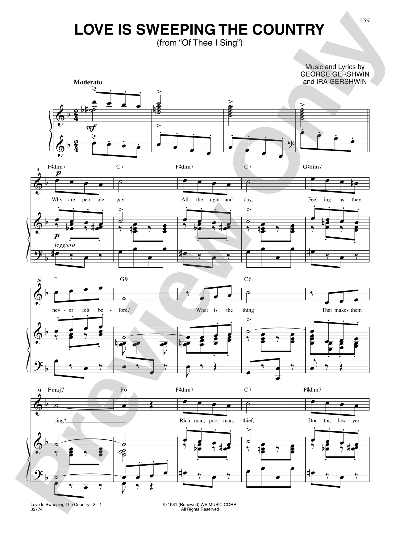 Love Is Sweeping the Country (From "of Thee I Sing"): Piano/Vocal/Chords