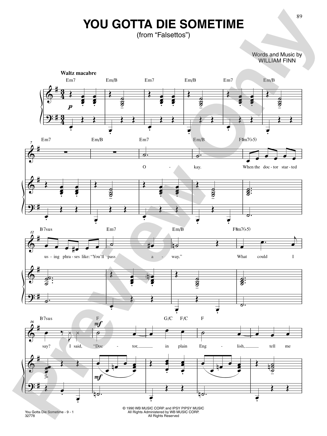 You Gotta Die Sometime (From "Falsettos"): Piano/Vocal/Chords