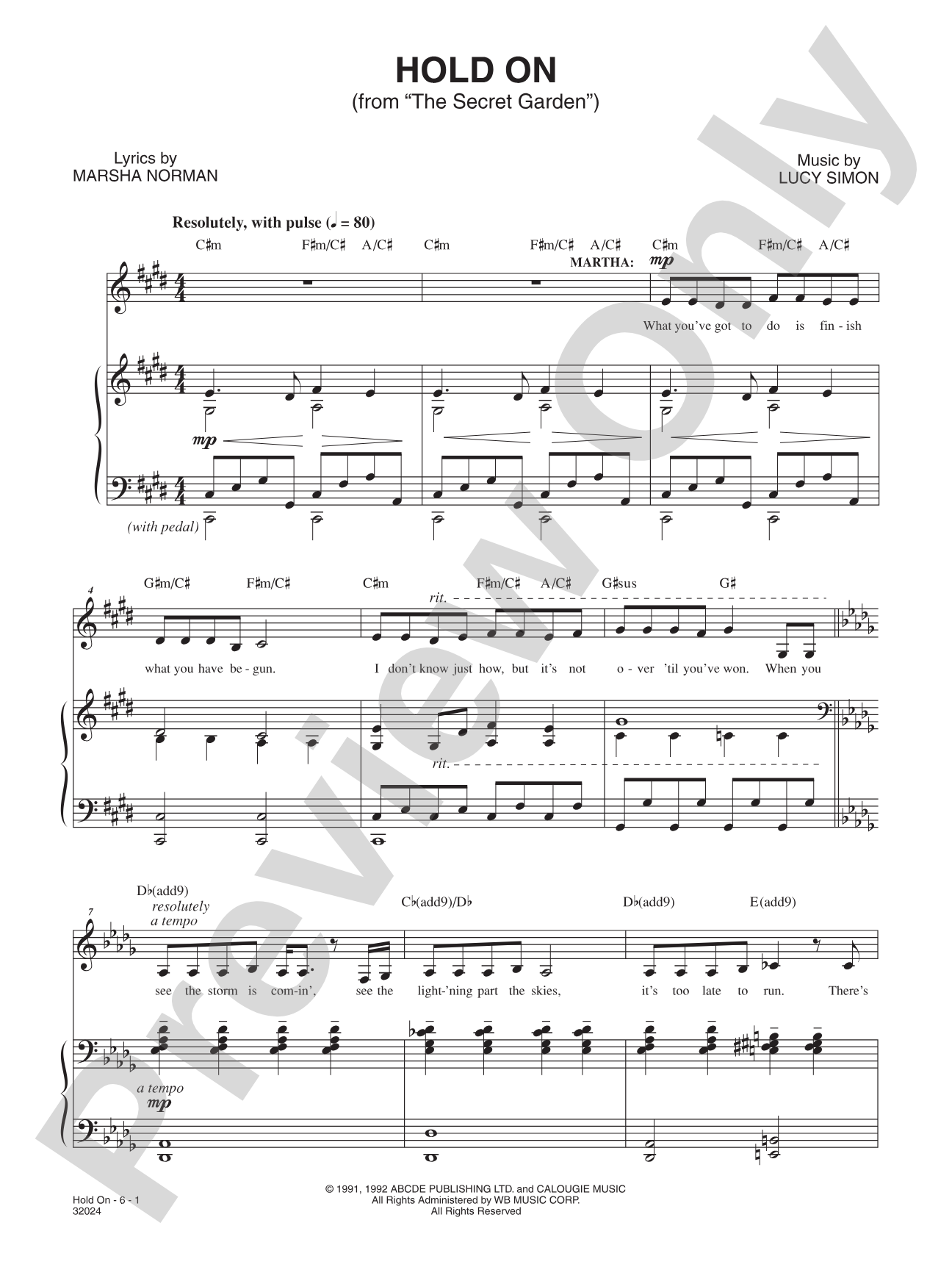 Hold On (From "the Secret Garden"): Piano/Vocal/Chords