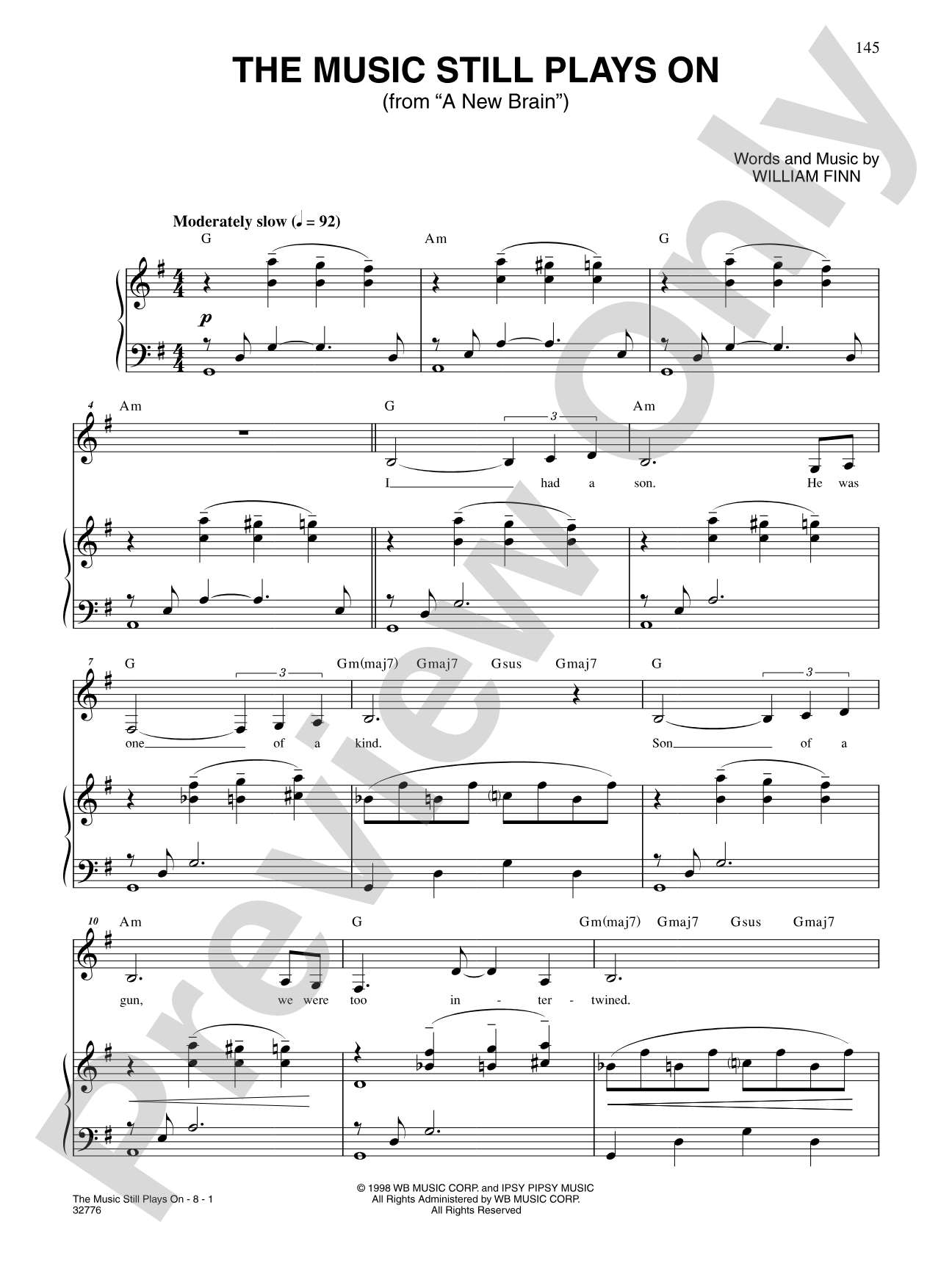 The Music Still Plays On (From "A New Brain"): Piano/Vocal/Chords