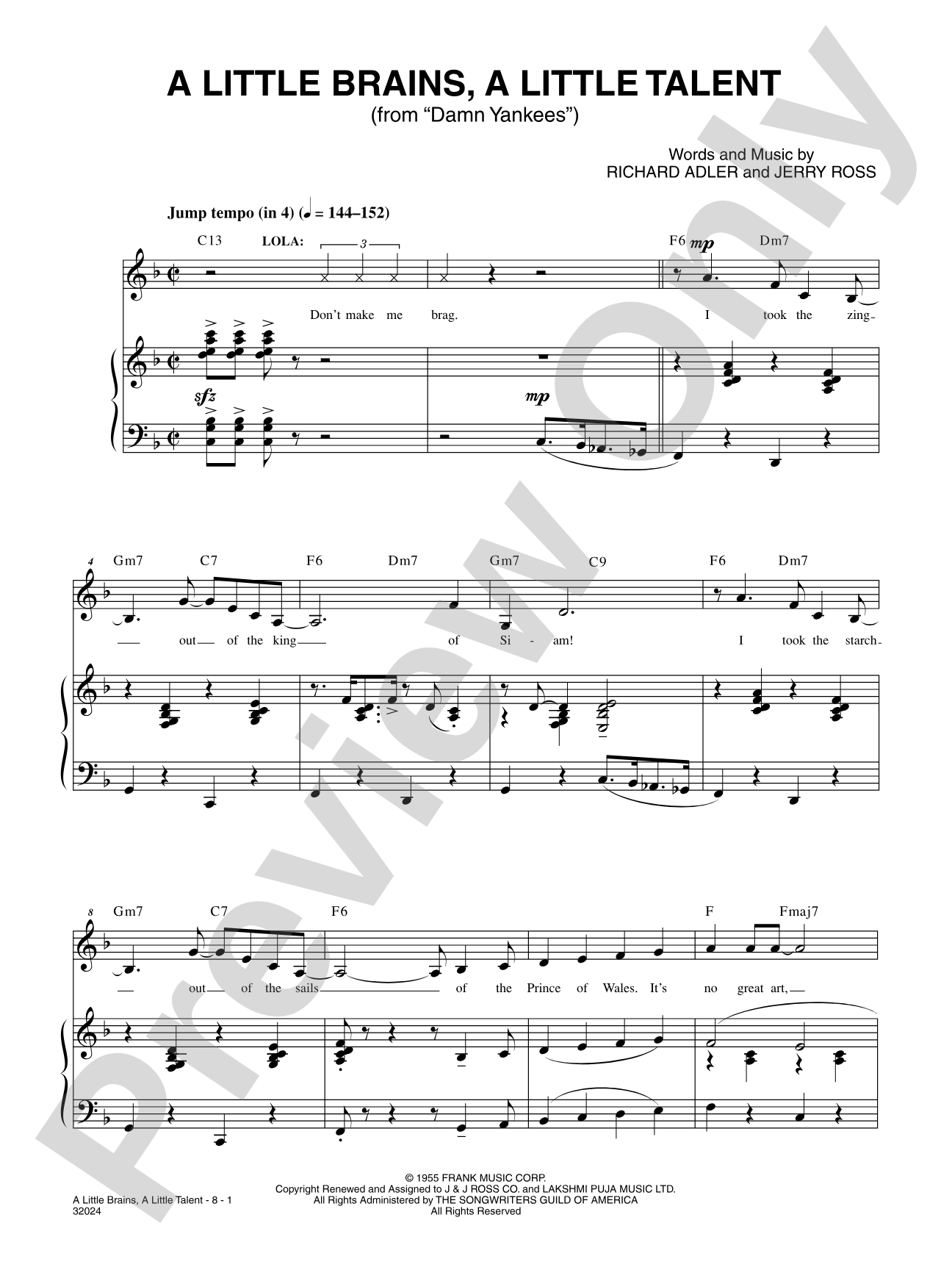 A Little Brains, A Little Talent (From "Damn Yankees"): Piano/Vocal/Chords