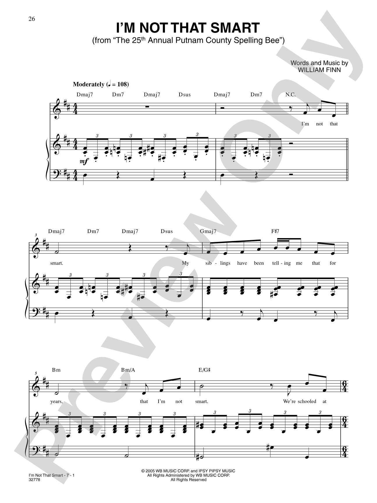 I'm Not That Smart (From "the 25th Annual Putnam County Spelling Bee"): Piano/Vocal/Chords