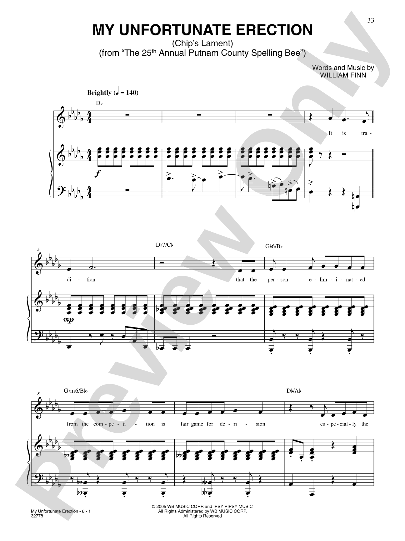 My Unfortunate Erection (Chip's Lament) (From "The 25th Annual Putnam County Spelling Bee"): Piano/Vocal/Chords