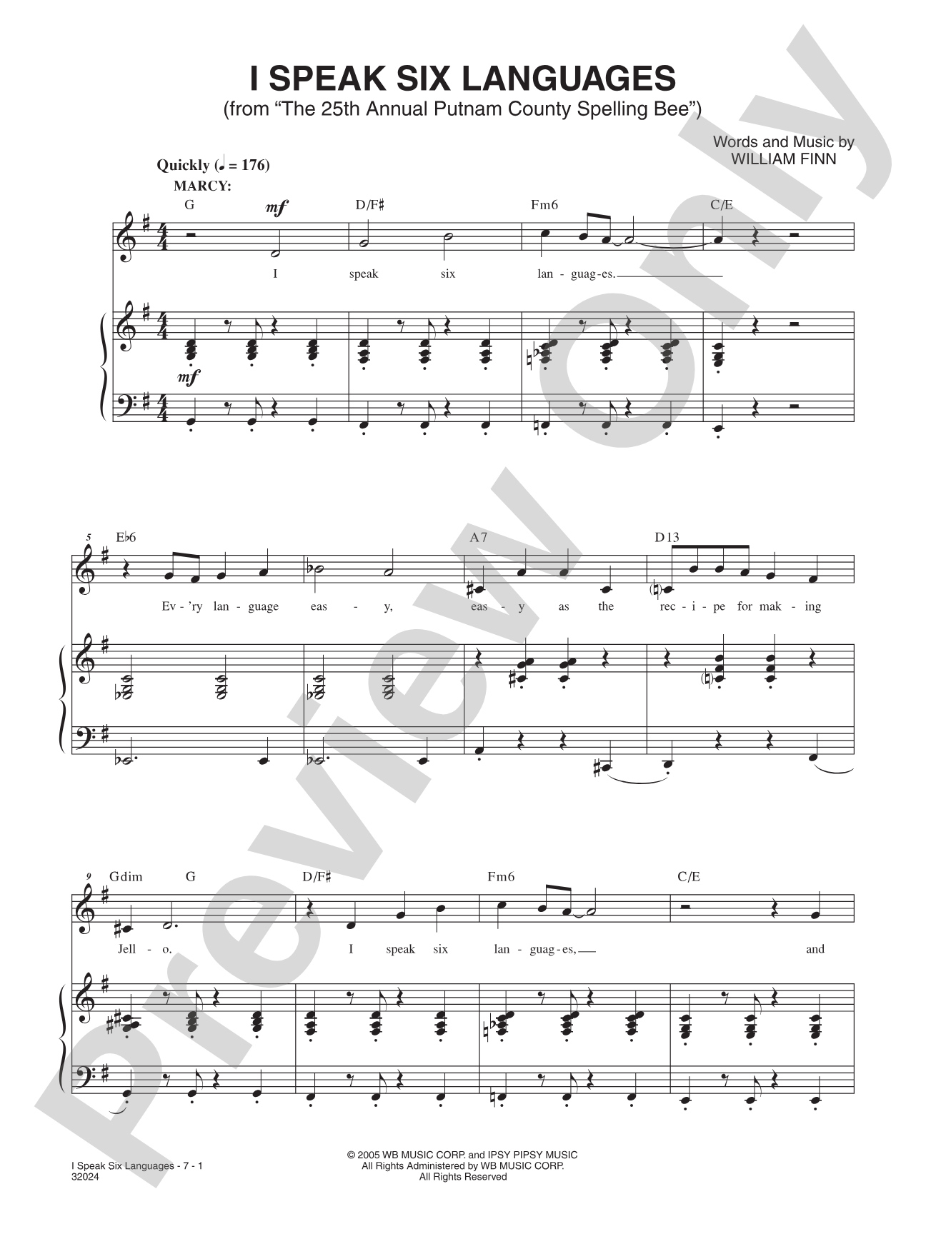I Speak Six Languages (From "the 25th Annual Putnam County Spelling Bee"): Piano/Vocal/Chords