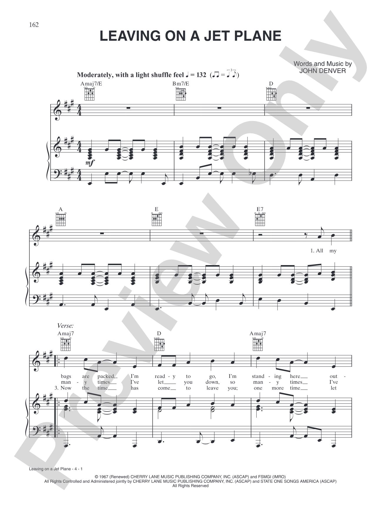 Leaving on a Jet Plane: Piano/Vocal/Chords