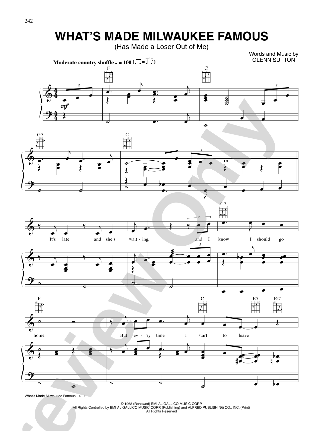 What's Made Milwaukee Famous (Has Made a Loser Out of Me): Piano/Vocal/Chords