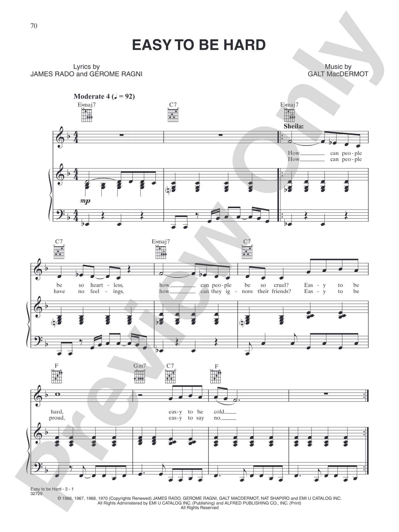 Easy to Be Hard (from "Hair"): Piano/Vocal/Chords