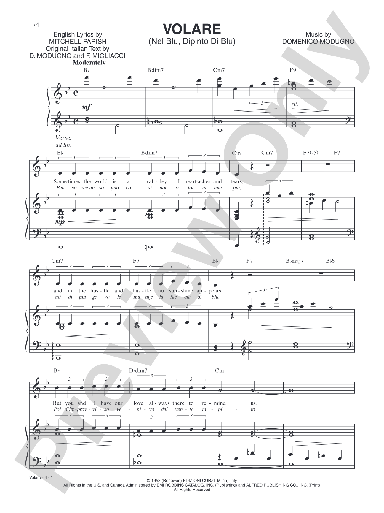 Volare (Nel Blu, Dipinto di Blu): Piano/Vocal/Chords